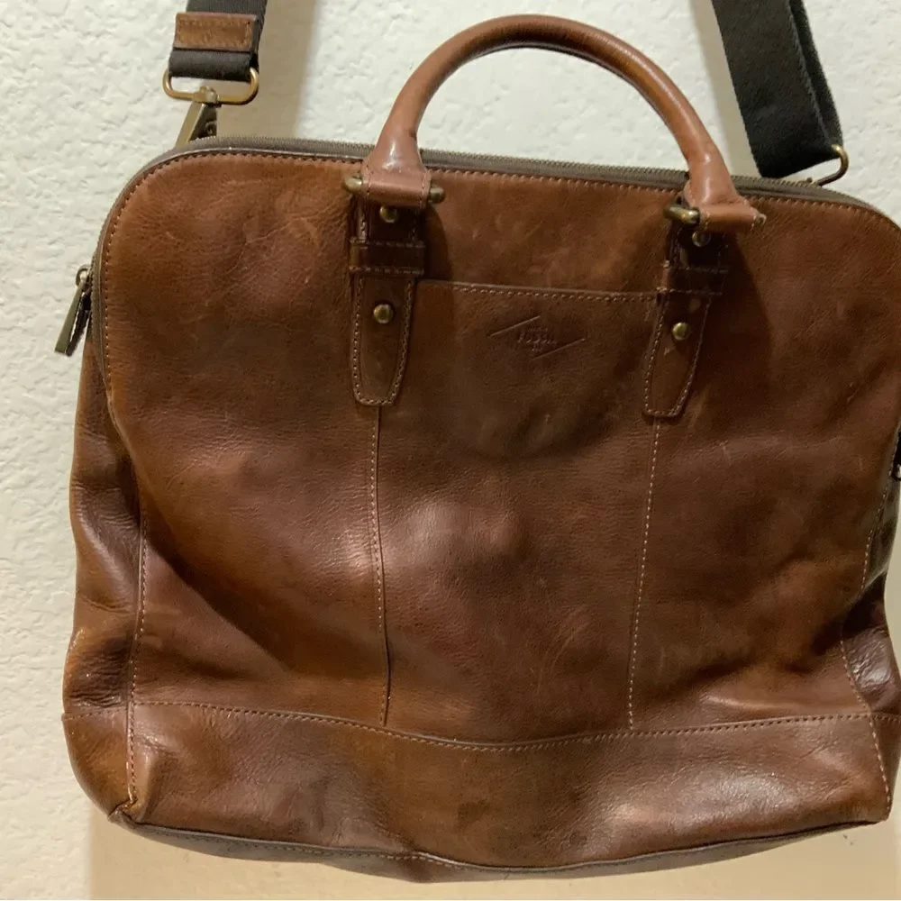 Fossil Briefcase Mens Brown Leather Bag Laptop Messenger